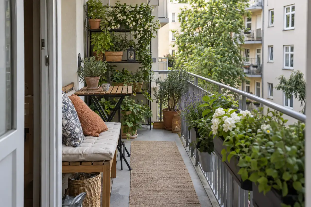 Schmaler Balkon mit einseitiger Gestaltung und freier Längsachse.