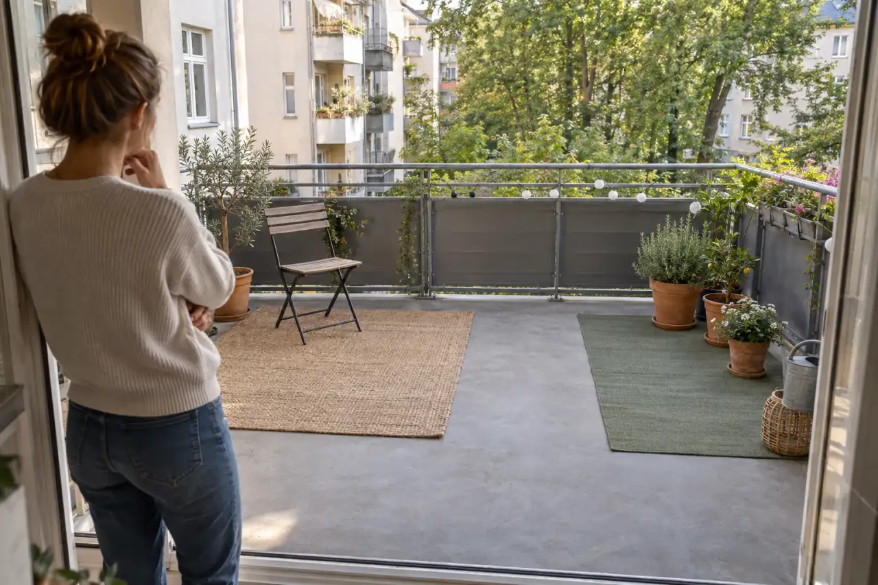 Zu sehen ist ein Balkon, auf dem zwei vorläufige Nutzungszonen getestet werden.