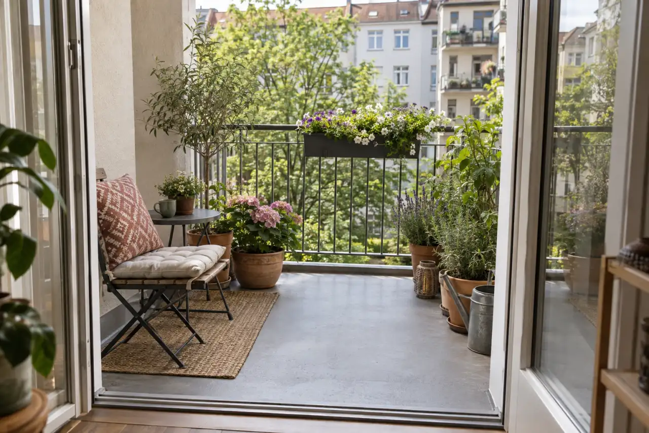 Klein gestalteter Balkon mit freier Türzone und Laufachse.