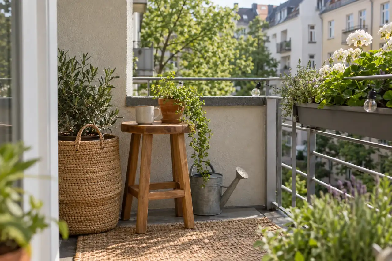 Kleine Kombination aus Holz, Geflecht und mineralischer Oberfläche.