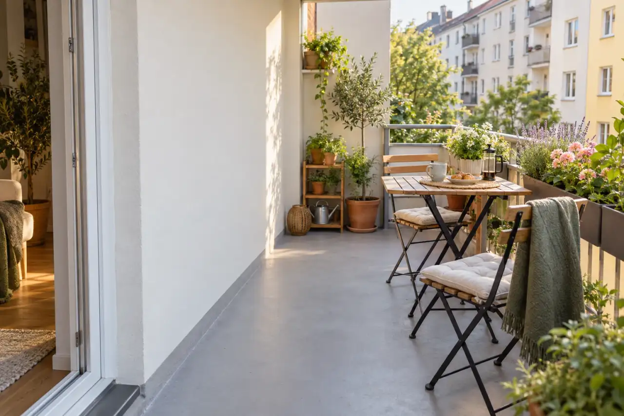 Zu sehen ist ein heller Balkon mit freien Laufwegen und klar gegliederten Nutzungsbereichen.