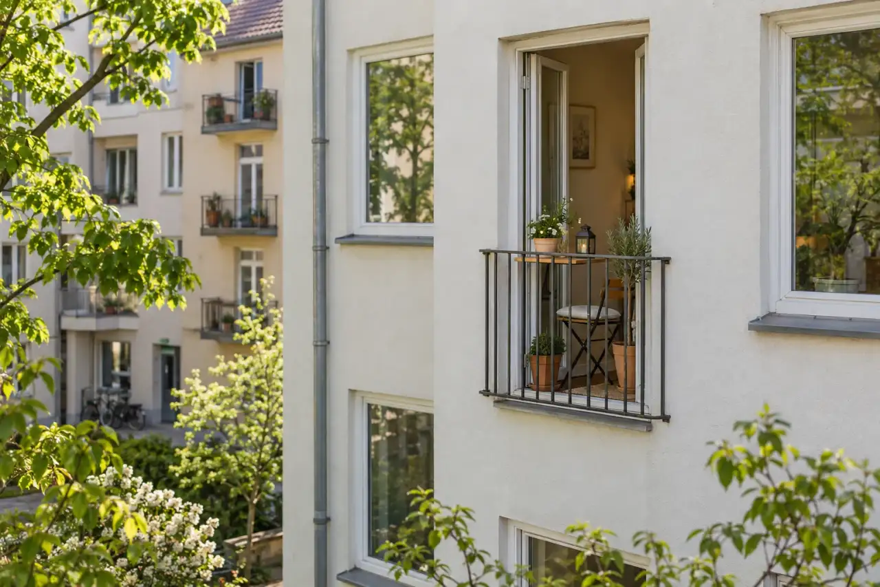 Französischer Balkon mit klappbarem Tisch, Einzelstuhl und wenigen Gefäßen.
