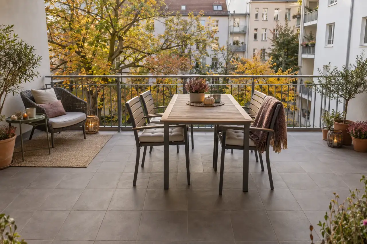 Großer Herbstbalkon mit Essplatz, Lounge und verbindender Laufachse.