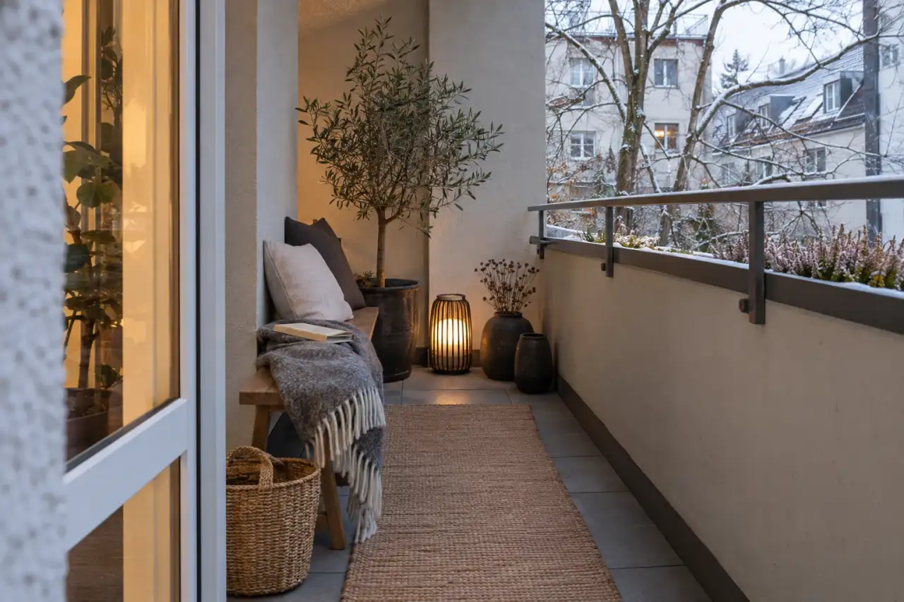 Winterliche schmale Loggia mit Bank, Textilien und freier Mitte.