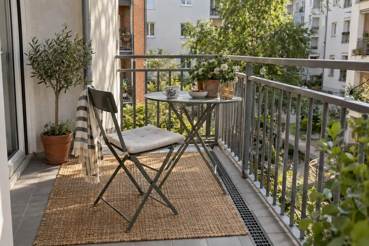 Luftiger Outdoor-Teppich mit sichtbarem Ablaufbereich.