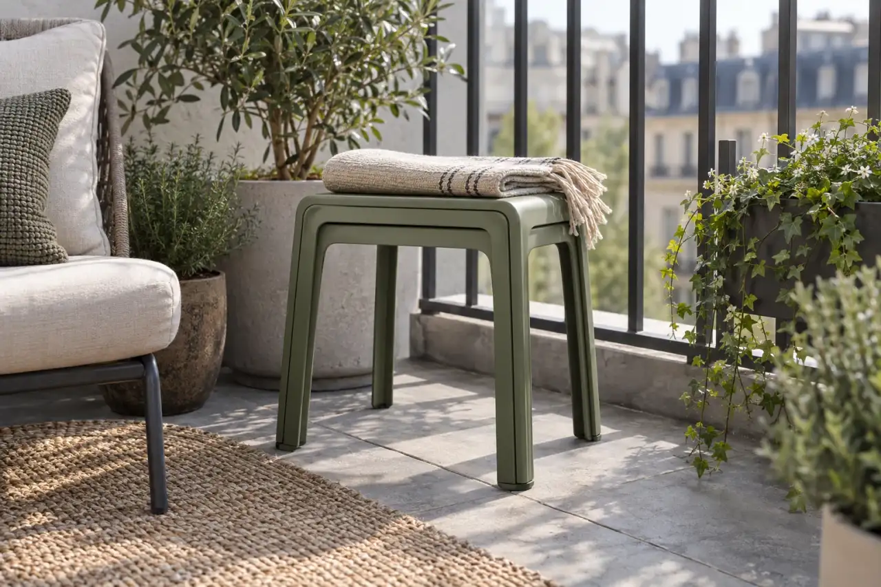 Stapelbarer Hocker als Sitzplatz und Beistelltisch.