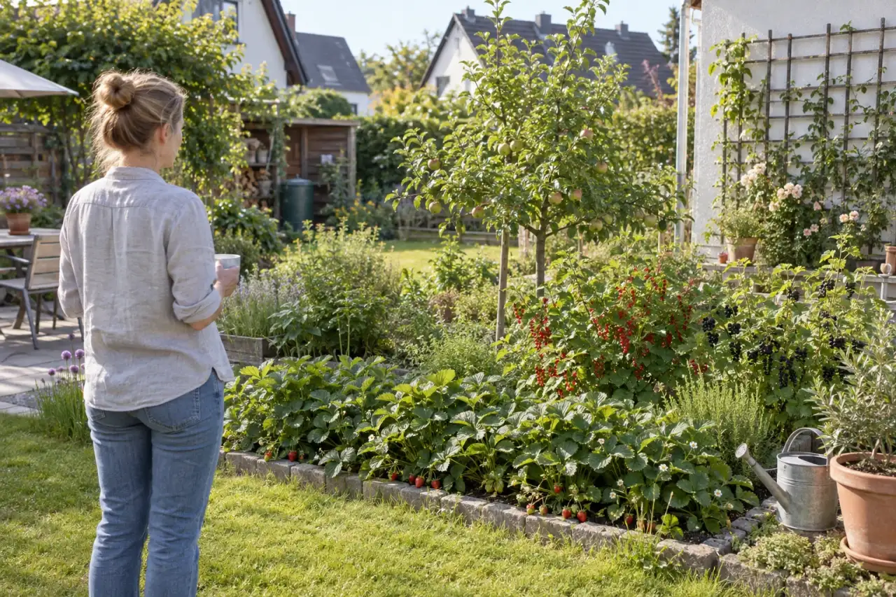 Person wählt in einem echten Garten die passende Pflanzszene.