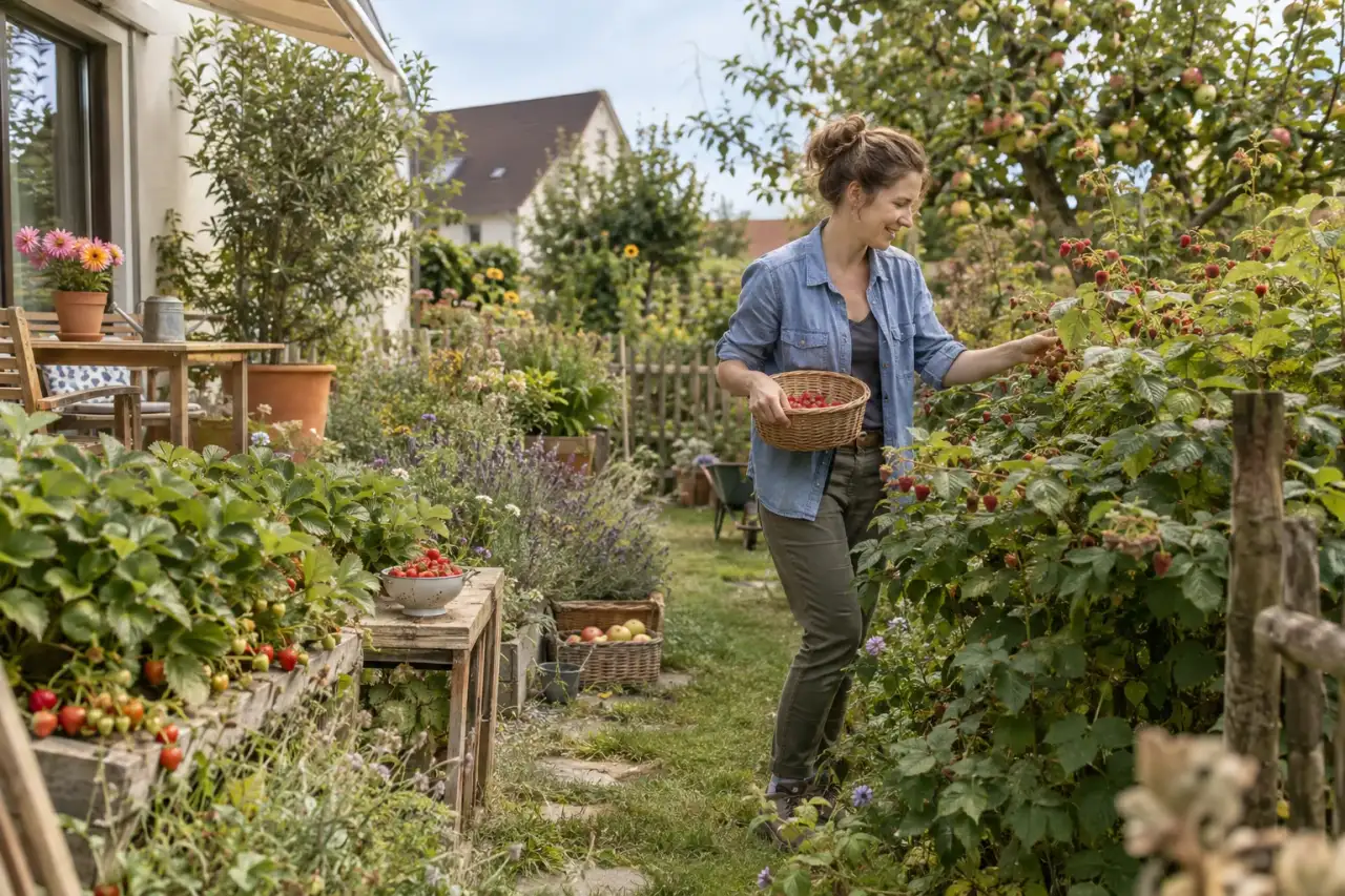 Ernteweg mit mehreren Obst- und Beerenstationen.