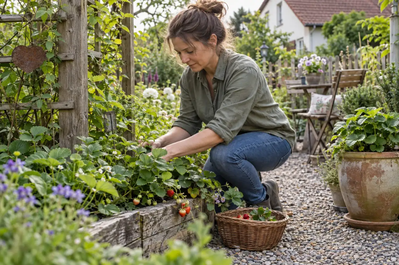 Holz, Kies und Keramik verbinden die Obstgartengestaltung.