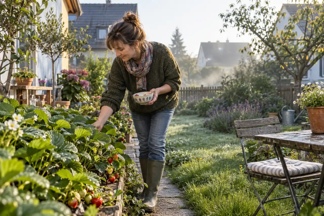 Morgendlicher Gartenweg mit Erdbeerpflanzen.