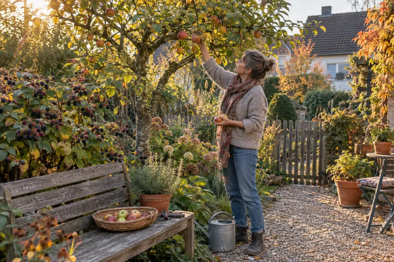 Herbstliche Ernteszene mit Obstbaum und Beerensträuchern.