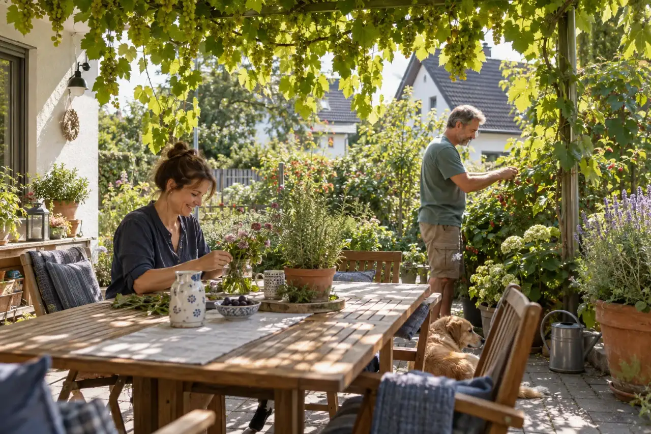 Sitzplatz unter einer Weinrebe im Sommer.