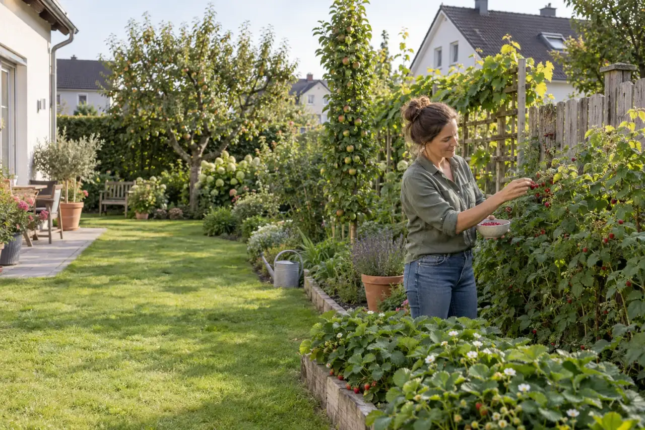 Mehrstufiger Naschgarten mit Erdbeeren, Beerensträuchern, Weinrebe und Obstbaum.