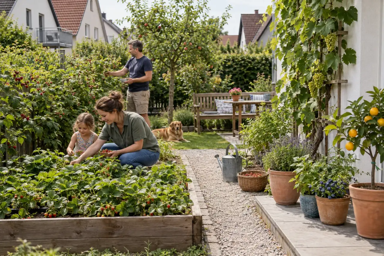 Eine Gartenszene mit Erdbeerbeet, Beerenreihe, Spalier, Weg, Sitzplatz und Gefäßen.
