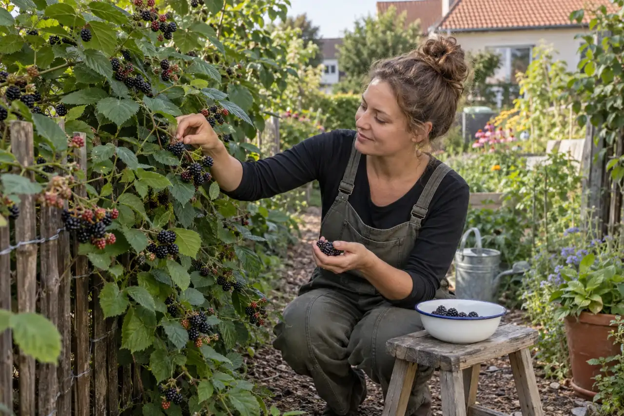 Brombeere mit dunklen Früchten am Gartenrand.