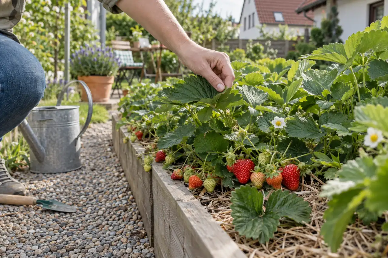 Reife Erdbeeren in einem niedrigen Gartenbeet.