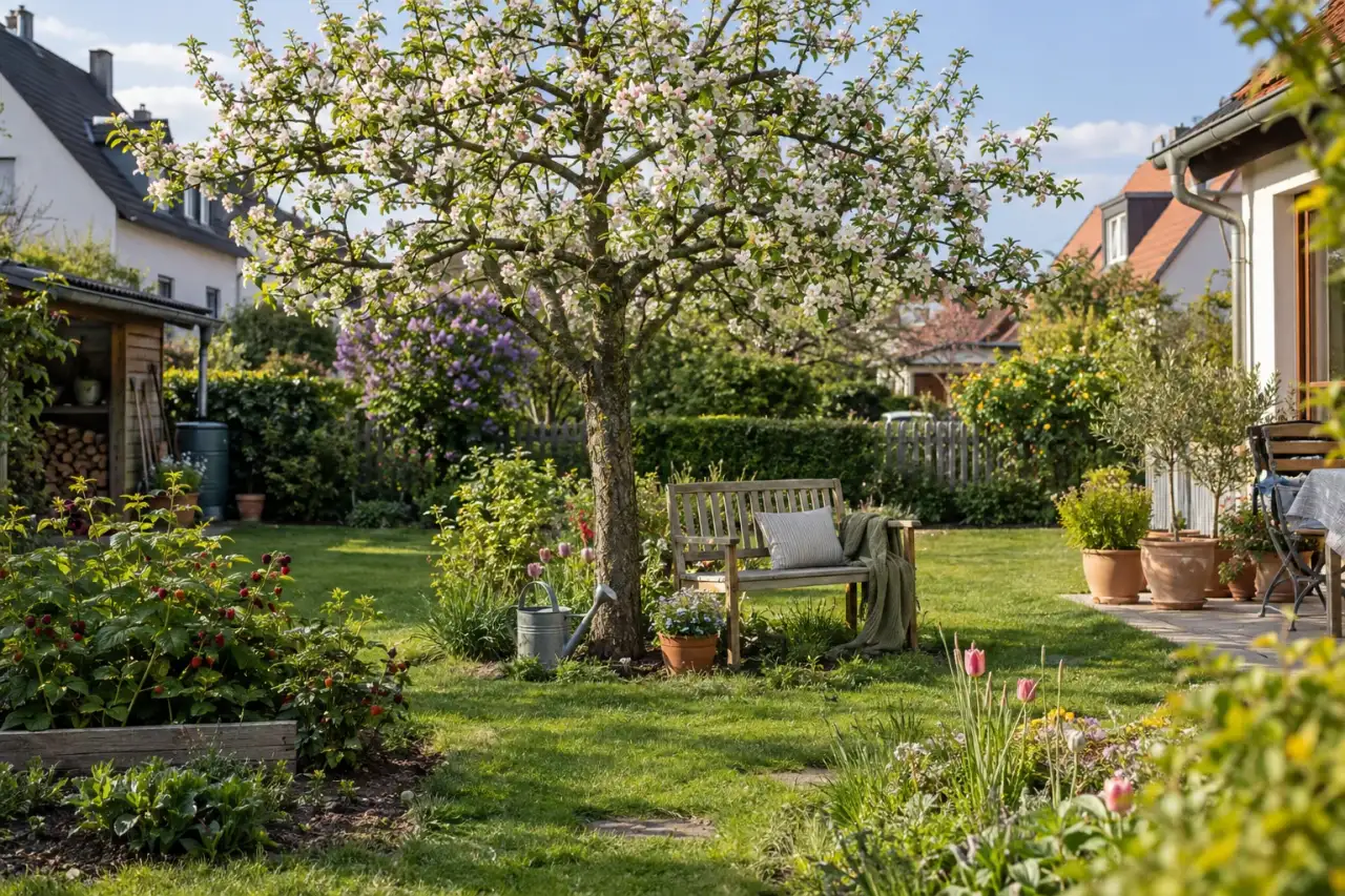 Blühender Obstbaum als Gartenmittelpunkt.