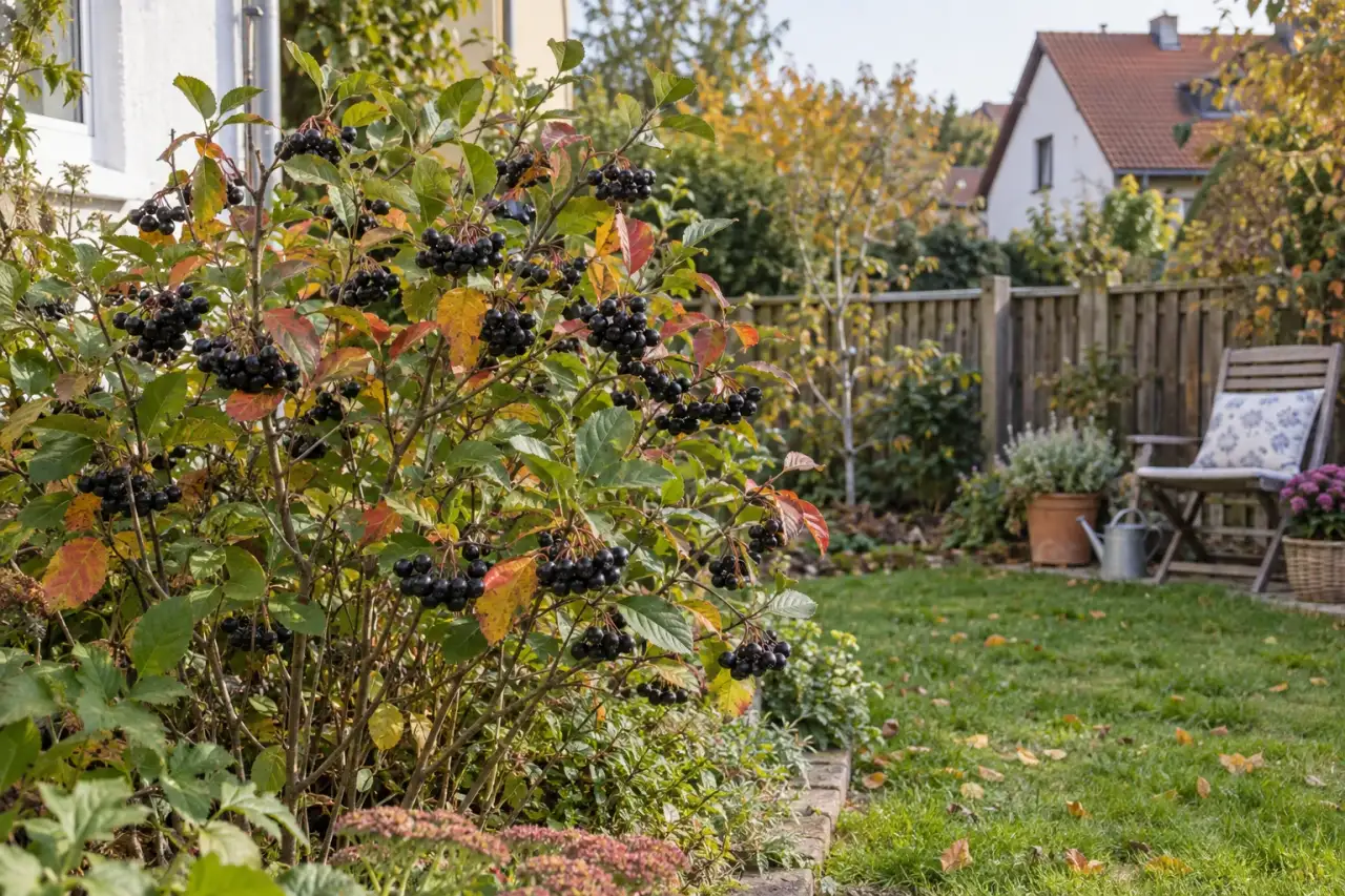 Schwarze Apfelbeere als strukturierender Fruchtstrauch.