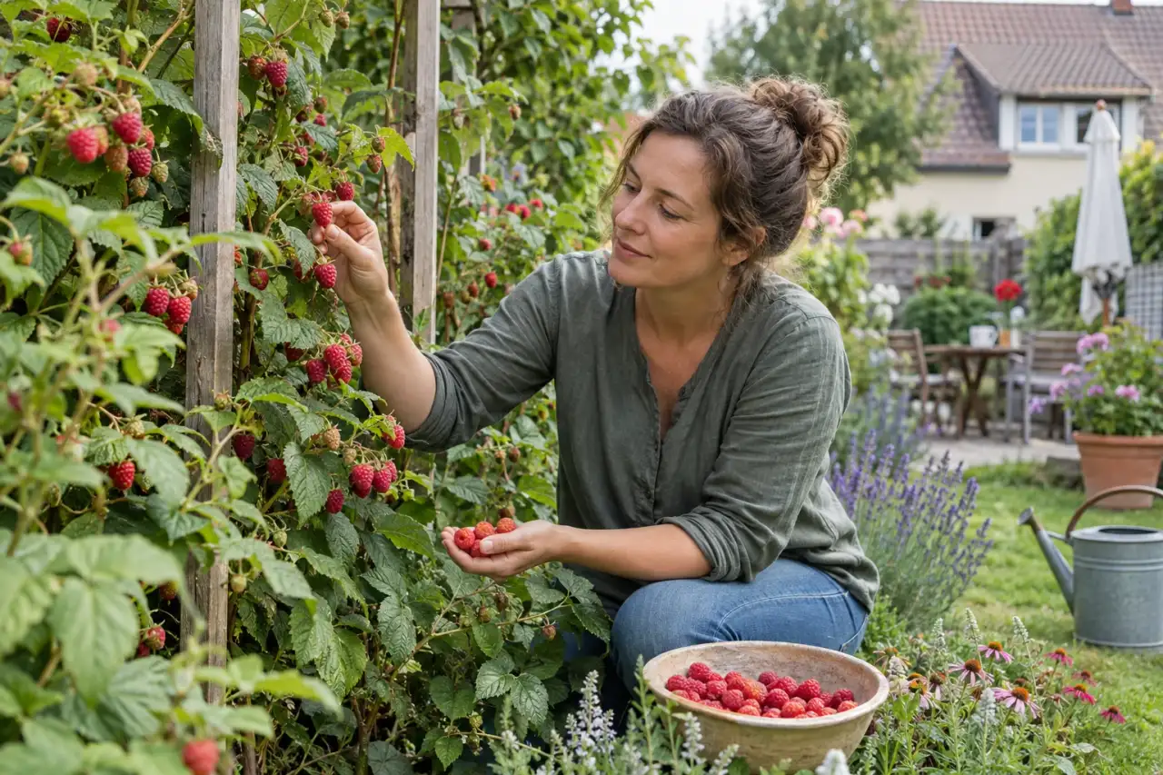Sommerhimbeeren am einfachen Holzspalier.
