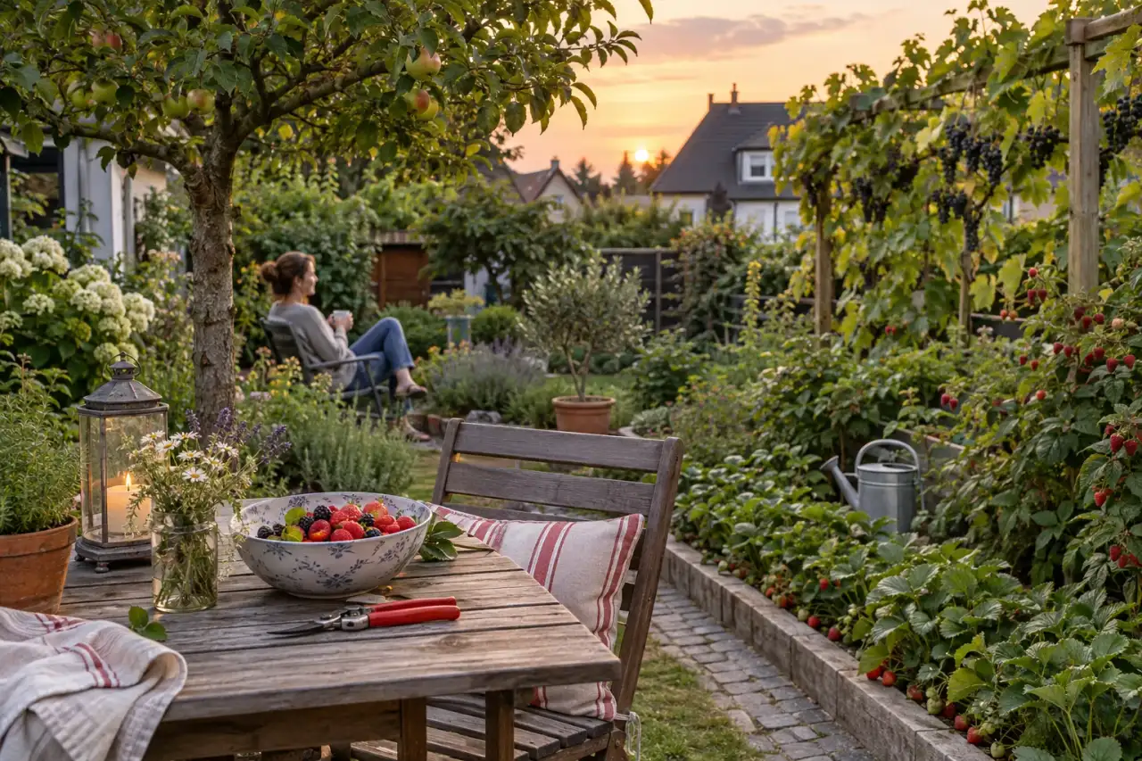 Ruhiger Abend im gestalteten Obst- und Beerengarten.