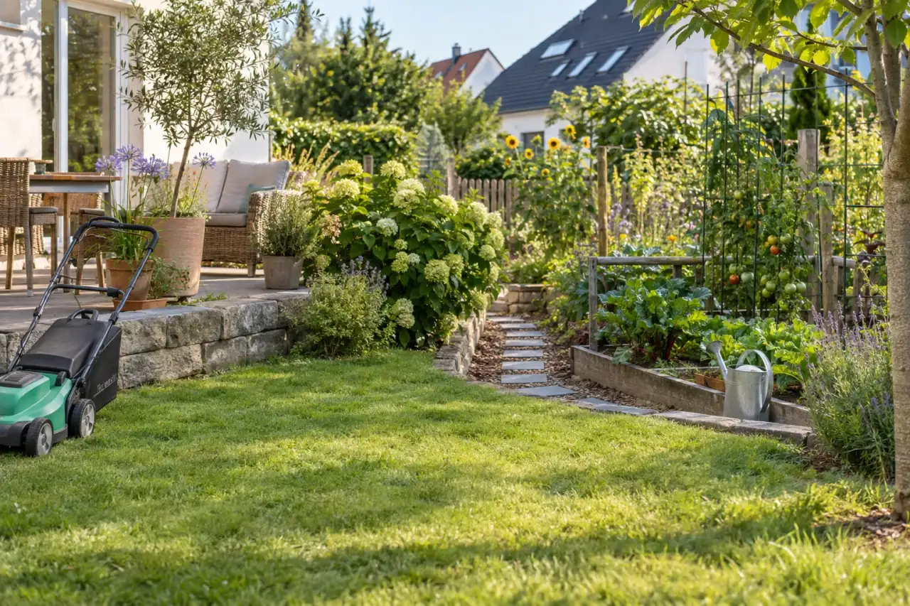 Flache Kante, Mähweg und Zugang zum Gemüsebeet wirken gut abgestimmt.