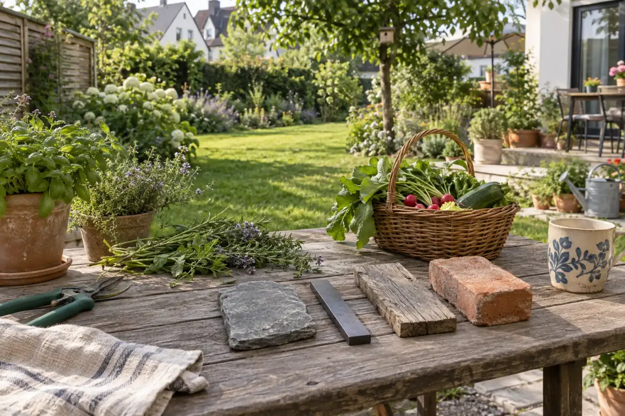 Vier unterschiedliche Kantenmaterialien liegen als Gestaltungsideen neben dem Garten.
