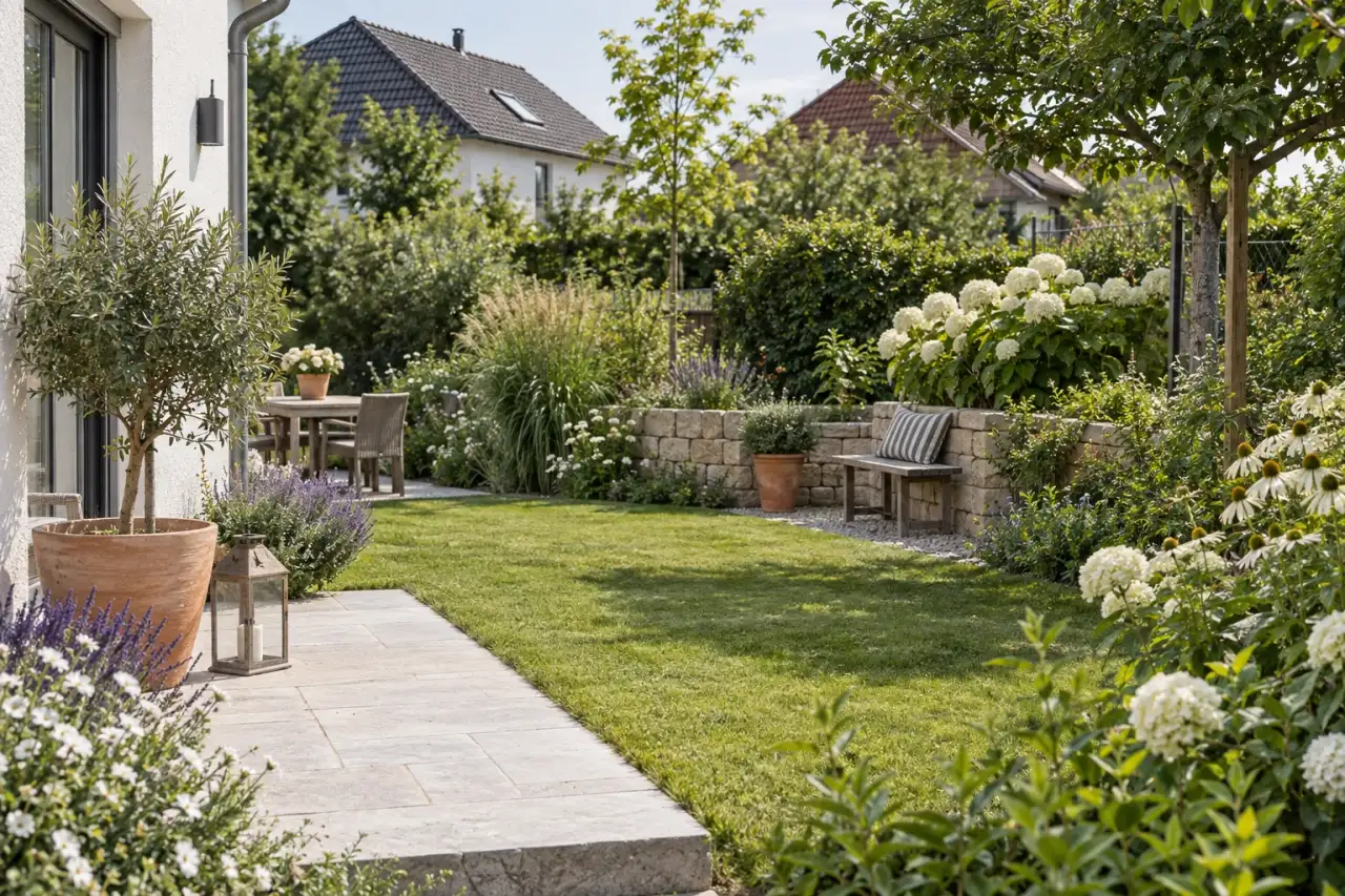 Ruhiger Garten mit heller Steinkante und geordneten Formen.