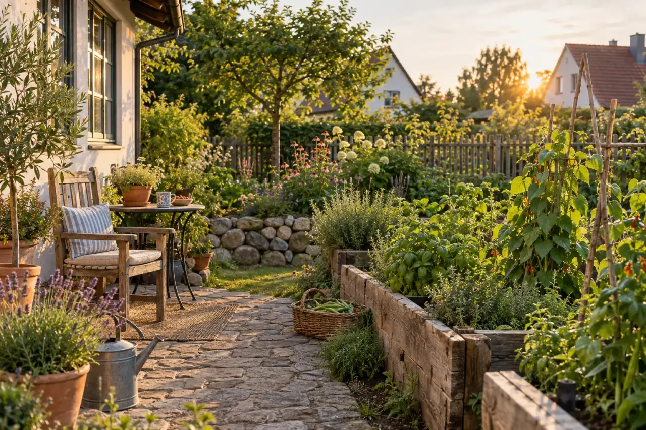 Warme ländliche Gartenszene mit Holz und Feldsteinen.