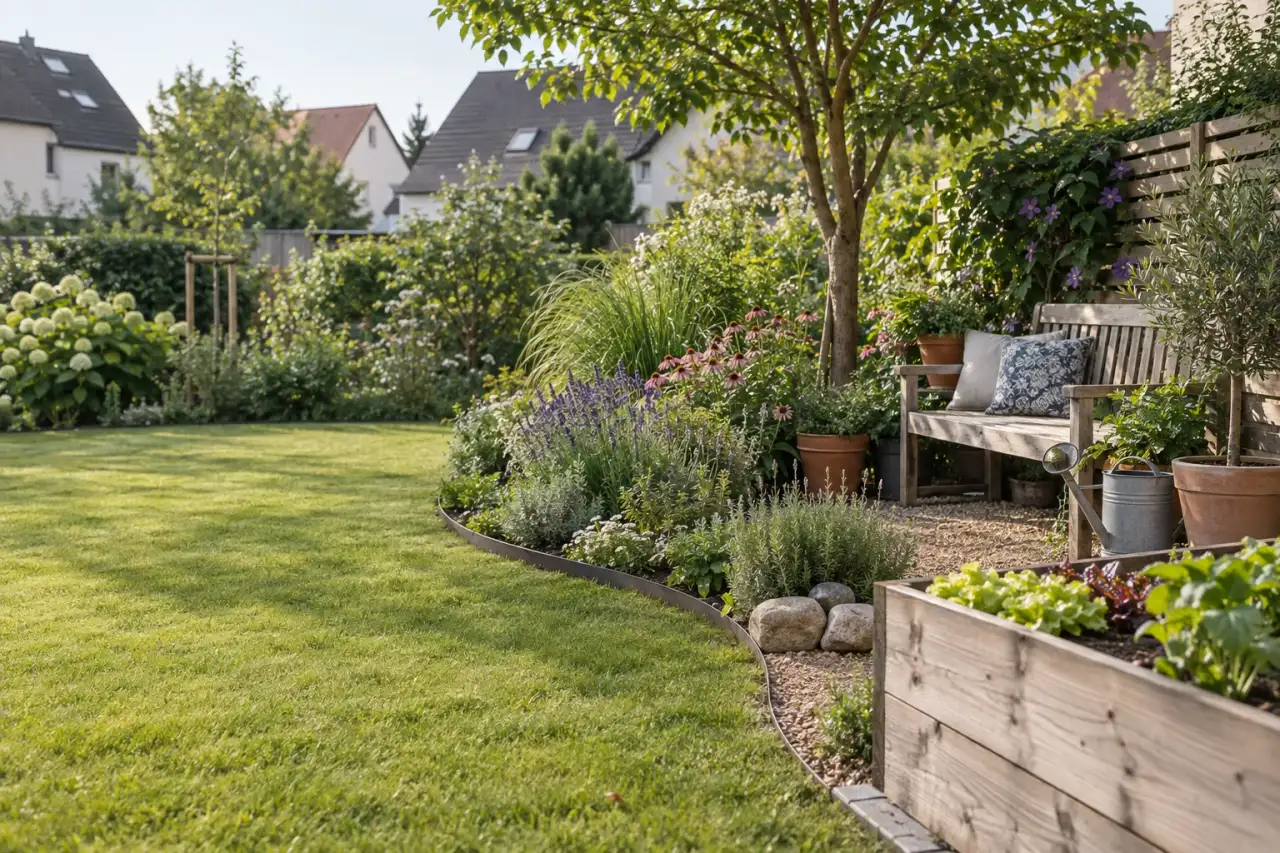 Garten mit klarer Rasenkante, Stauden und kleinem Gemüsebeet.