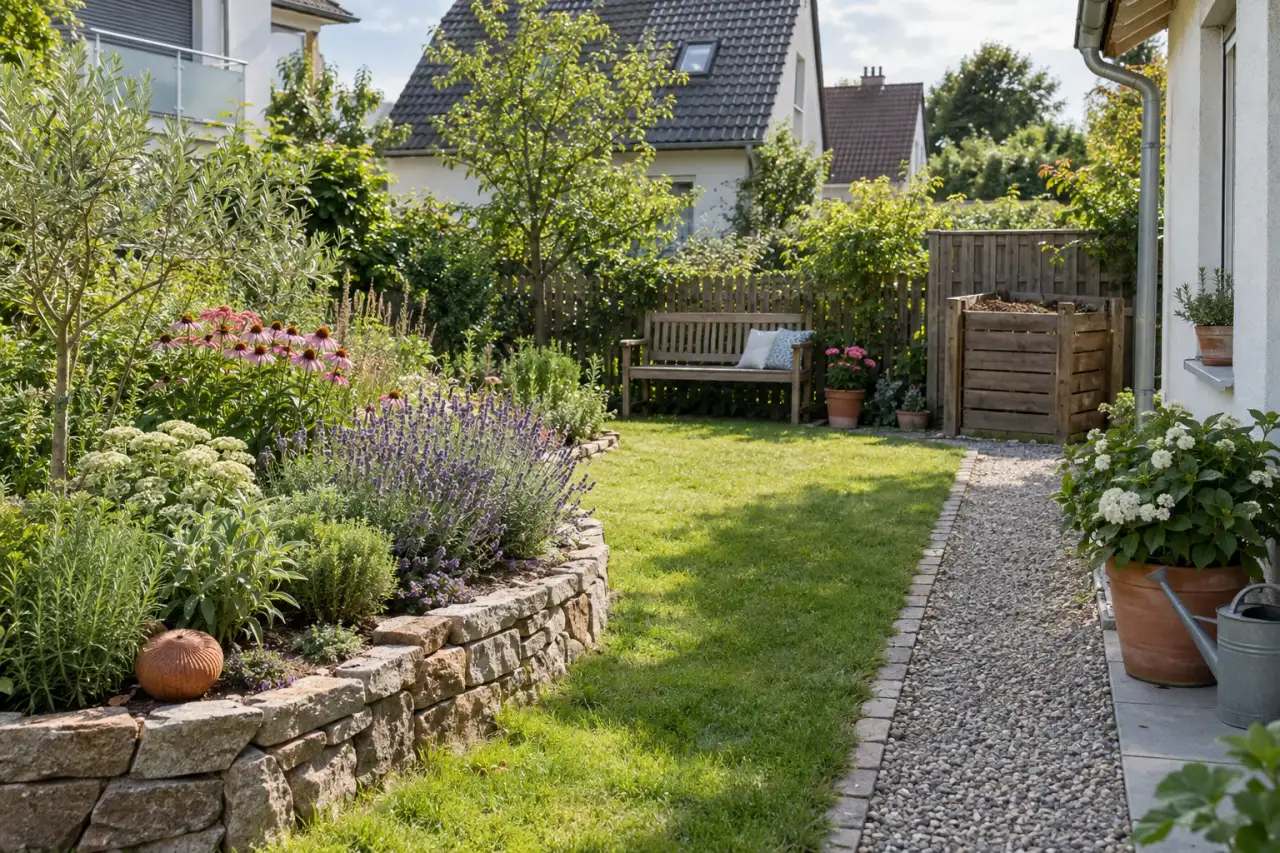 Eine Gartenszene zeigt Kante, Beet, Rasen, Weg, Sitzplatz und Materialwiederholung.
