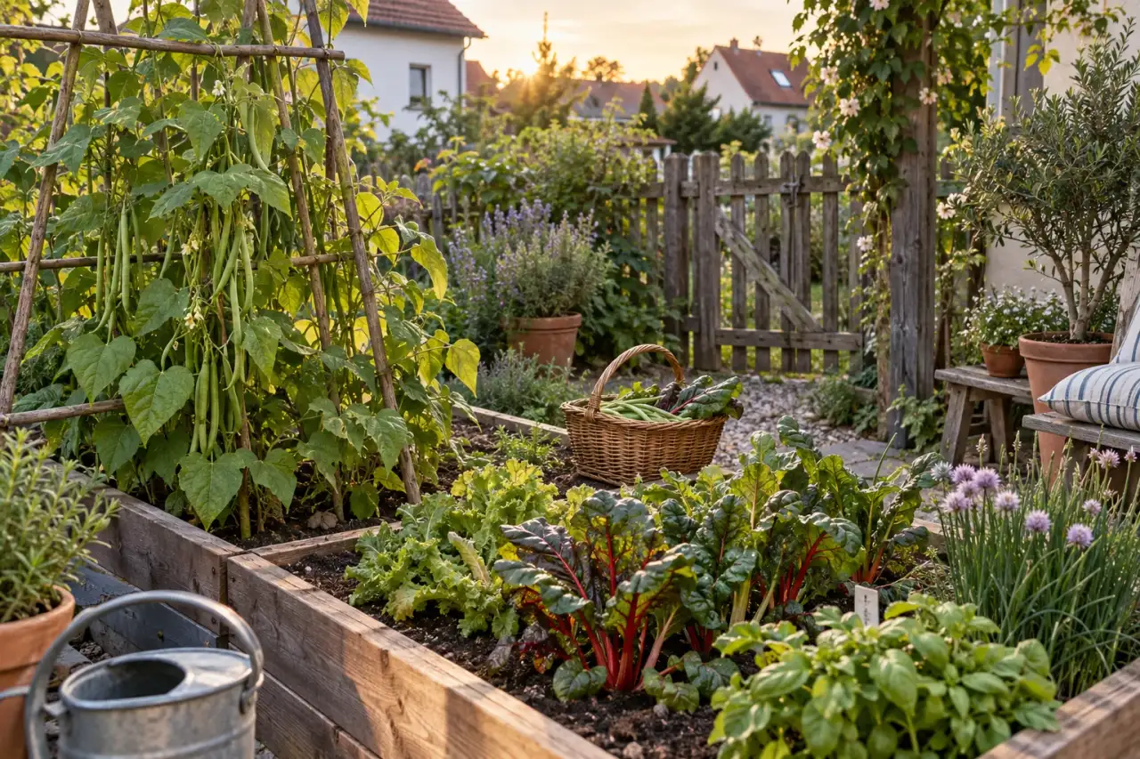 Warmer Holzrahmen um ein persönliches Gemüsebeet.
