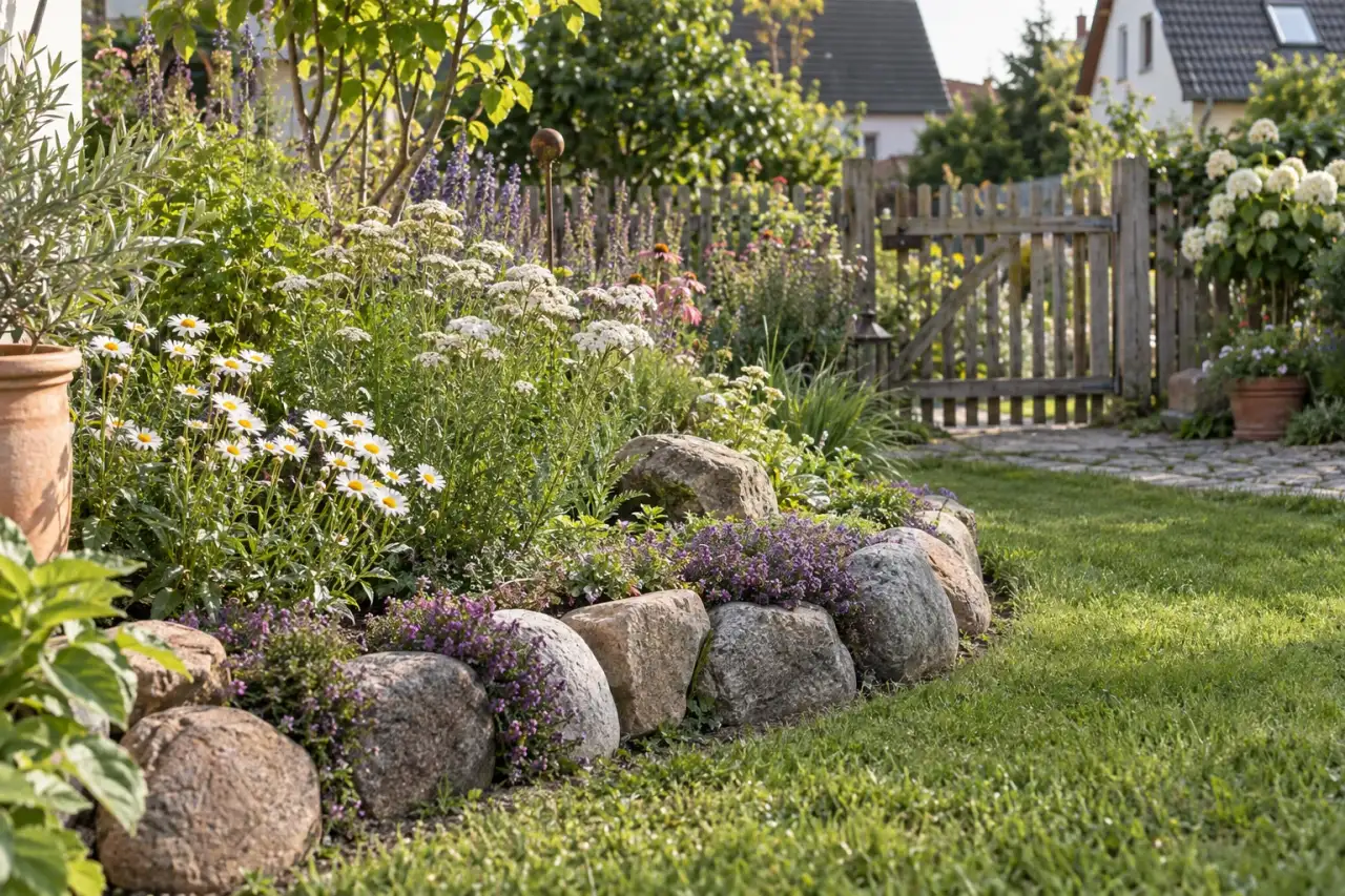 Runde Feldsteine begleiten eine geschwungene Wildblumenfläche.