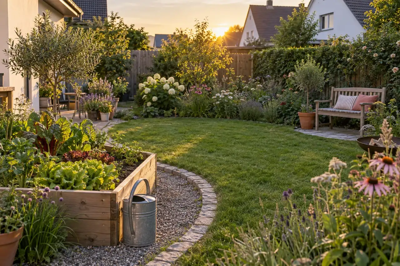 Ein stimmiger Garten verbindet Rasen, Kanten, Gemüsebeet und Stauden.