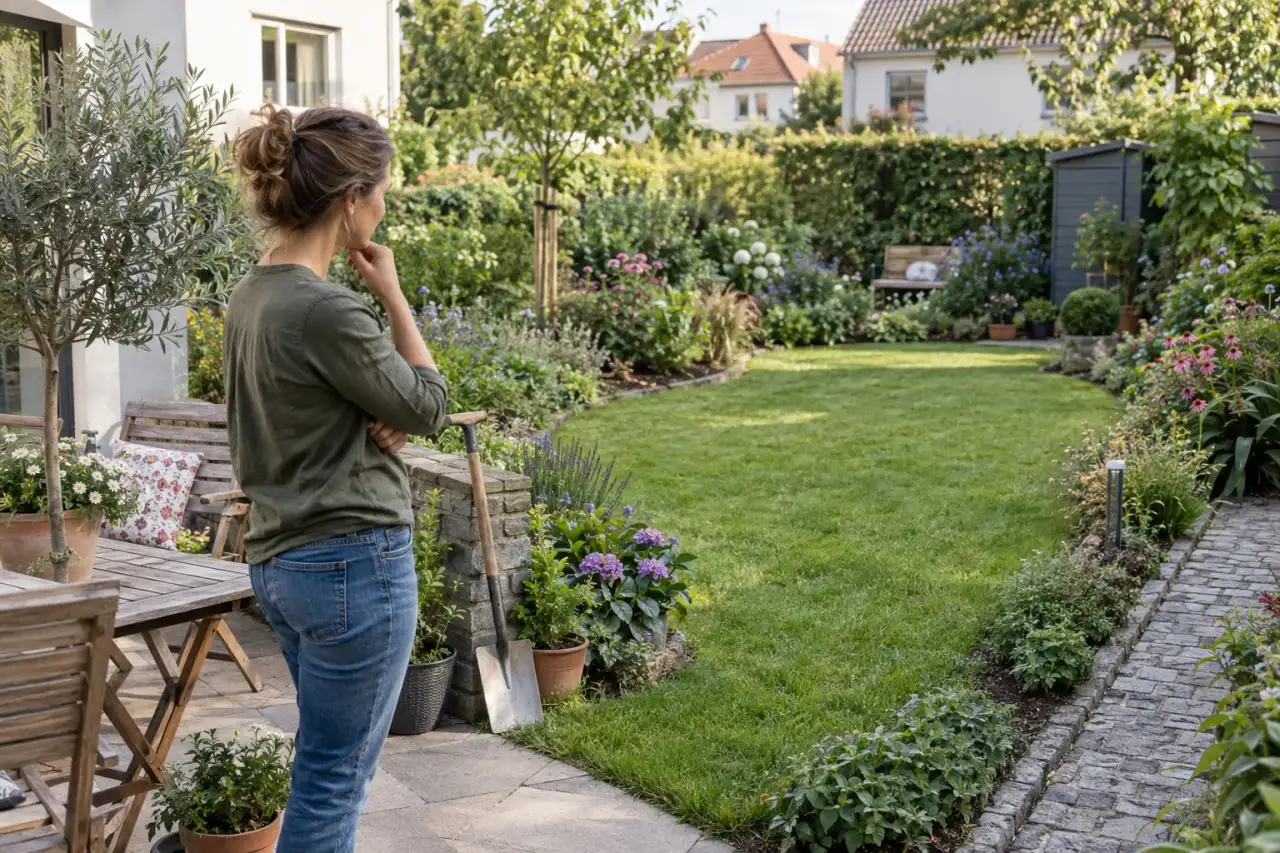 Gärtner betrachtet die Beetform vom Gartenweg aus