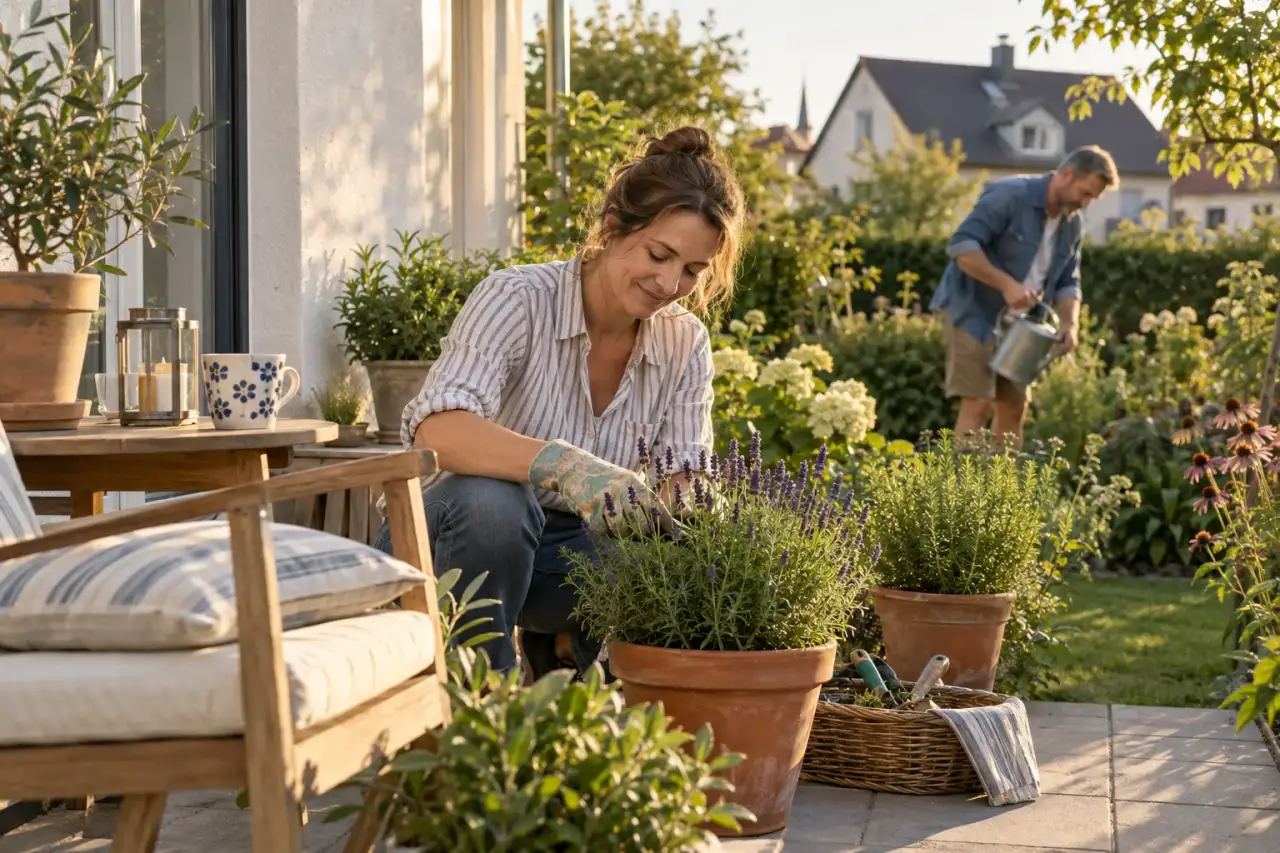 Lavendel und Terrakotta am Sitzplatz