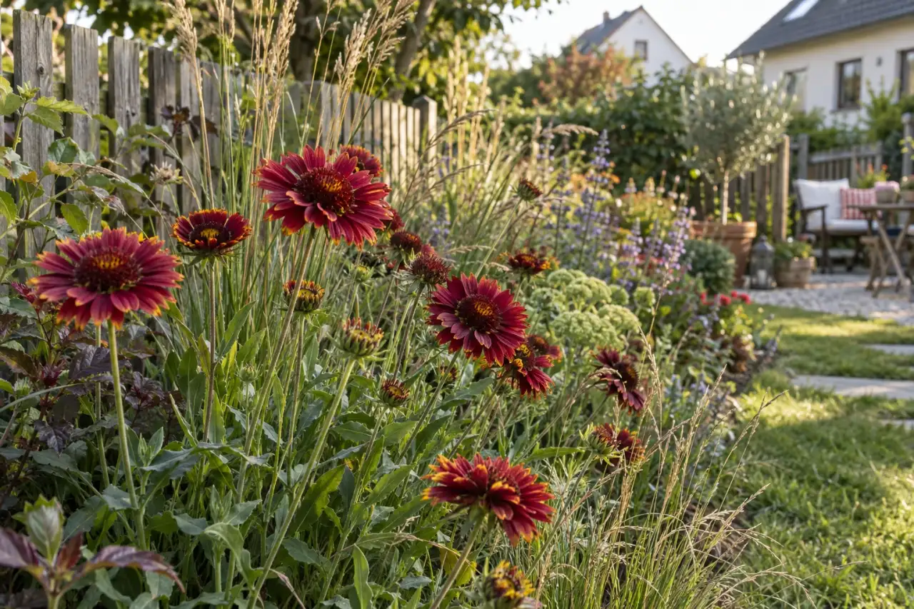 Burgunderfarbene Kokardenblume im Gartenbeet