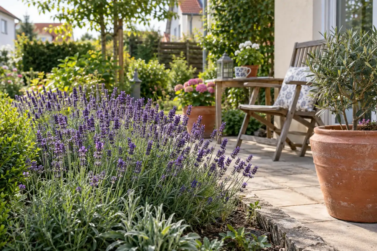 Lavendel am Terrassenrand im deutschen Garten