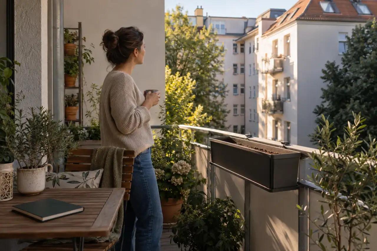 Person beobachtet Licht und Schatten an einem Balkon mit Blumenkasten.