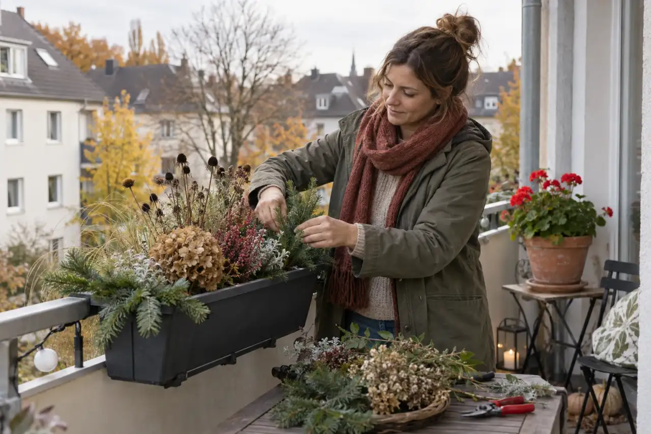 Herbstliche Gestaltung mit Strukturpflanzen und getrenntem Sommerblumentopf.