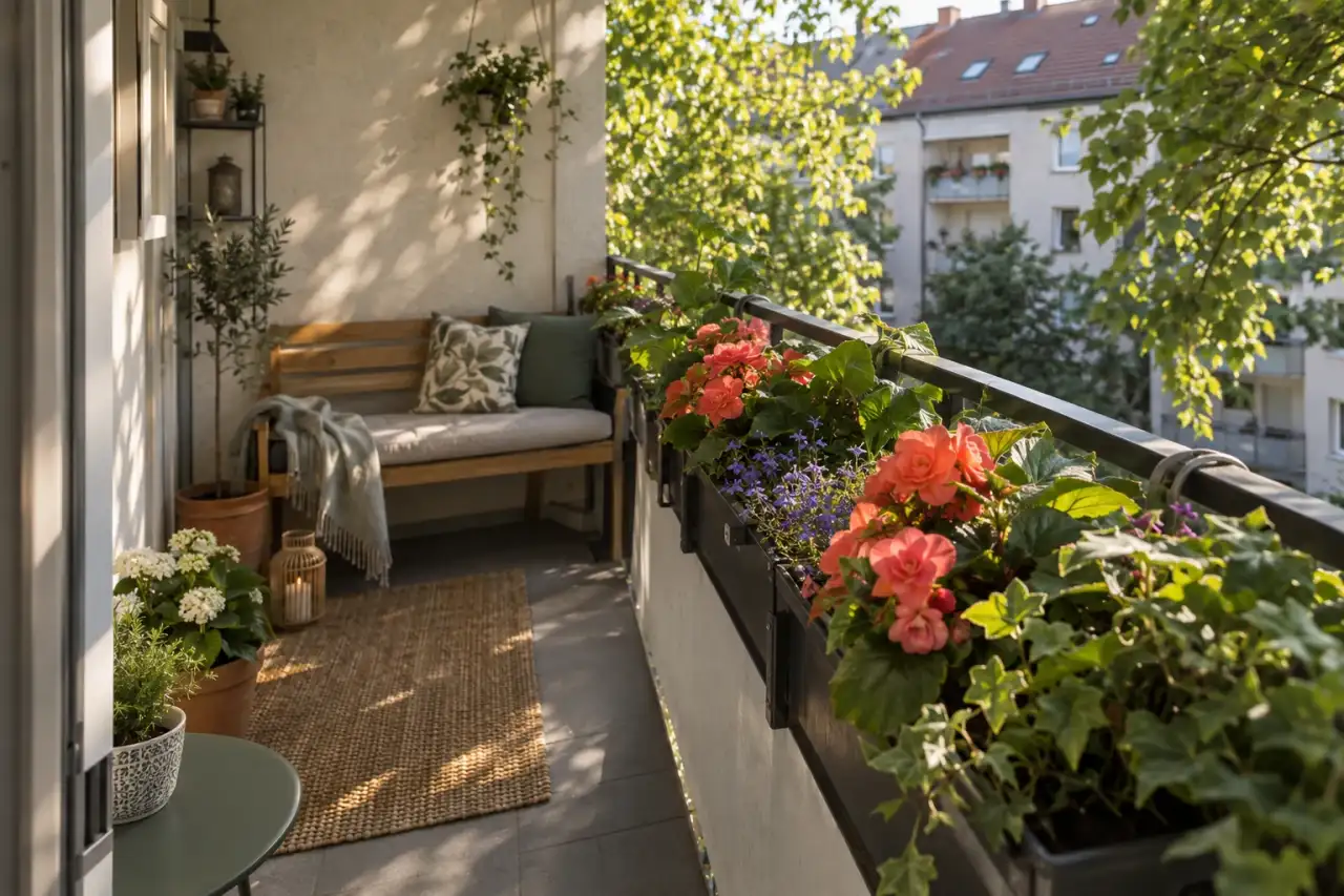 Geschützter Halbschattenbalkon mit weichen Blüten und Blättern.