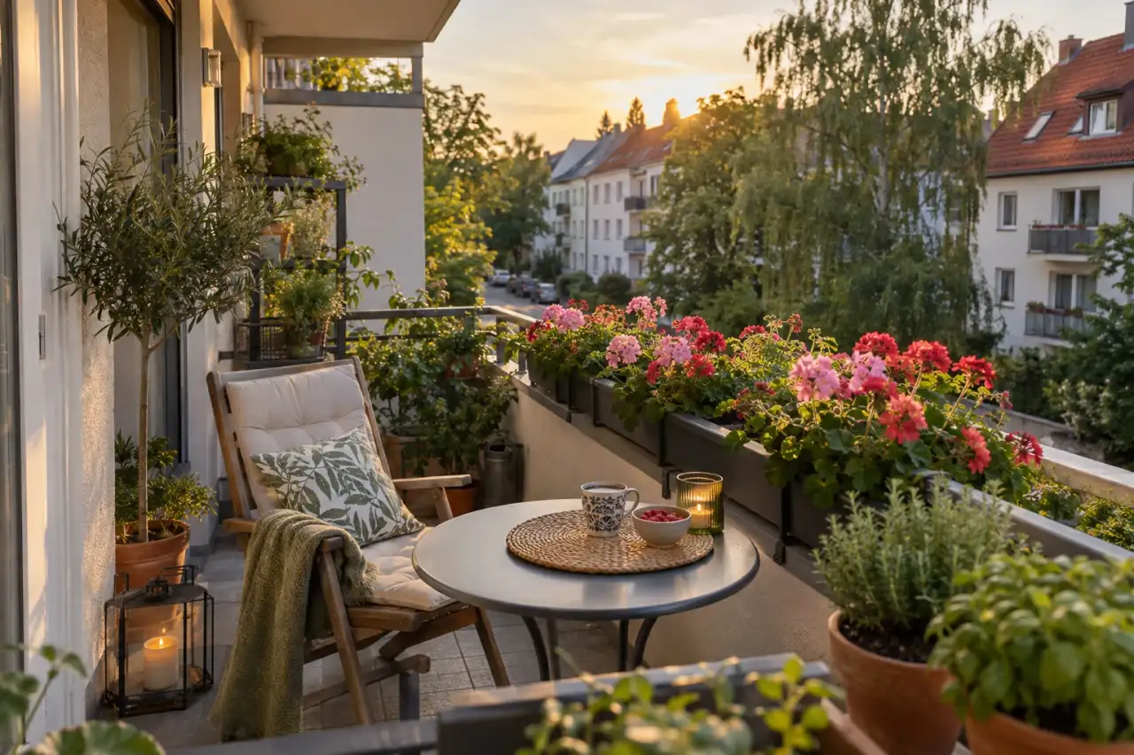 Sommerabend mit Geranien und einem kleinen Balkon-Sitzplatz.