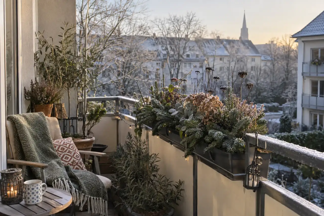 Wintermorgen mit immergrünem Laub und trockenen Samenständen.