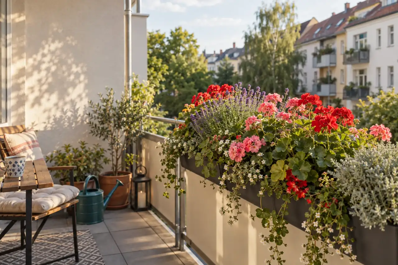 Üppiger Blumenkasten auf einem bewohnten Balkon mit Geranien und Kräutern.