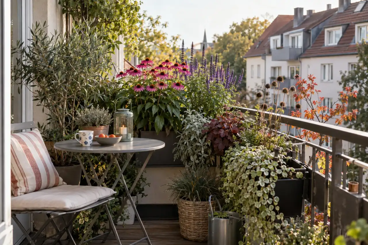 Ein Balkon zeigt Blüten, Höhe, Rand, Laub, Winterstruktur und Sitzplatz gemeinsam.