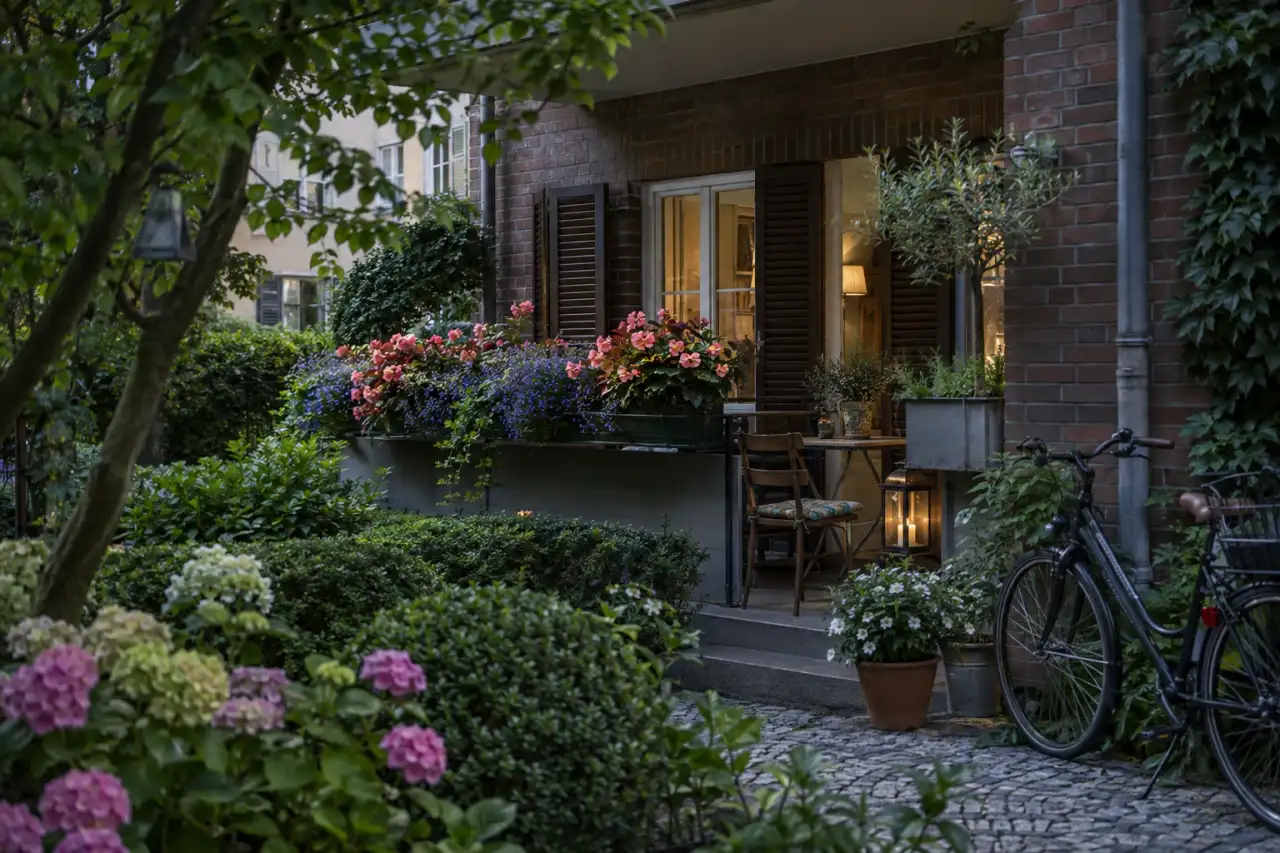 Ruhiger Schattenbalkon mit Begonien und niedrigen Lobelien.