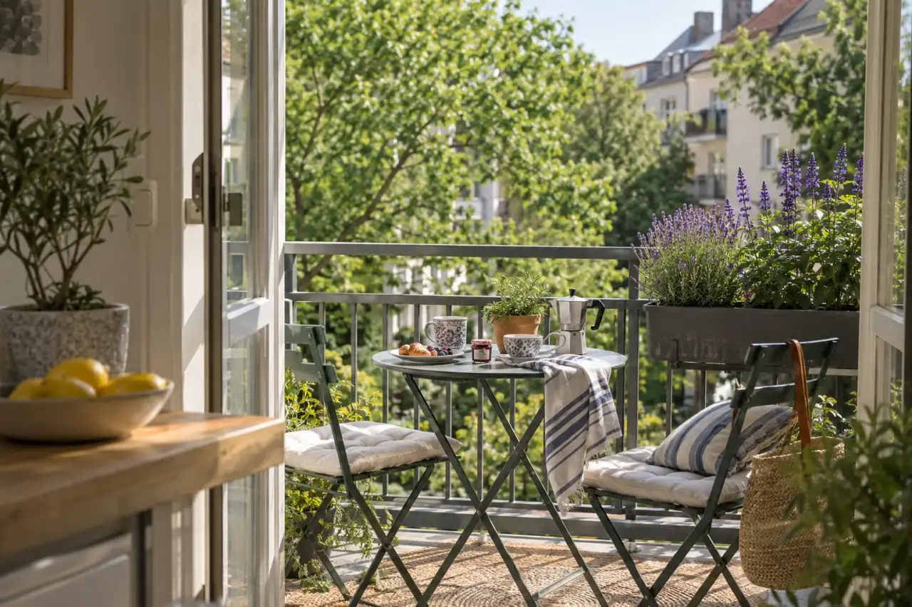 Sonniger Frühstücksbalkon mit Lavendel und aufrechtem Salbei.