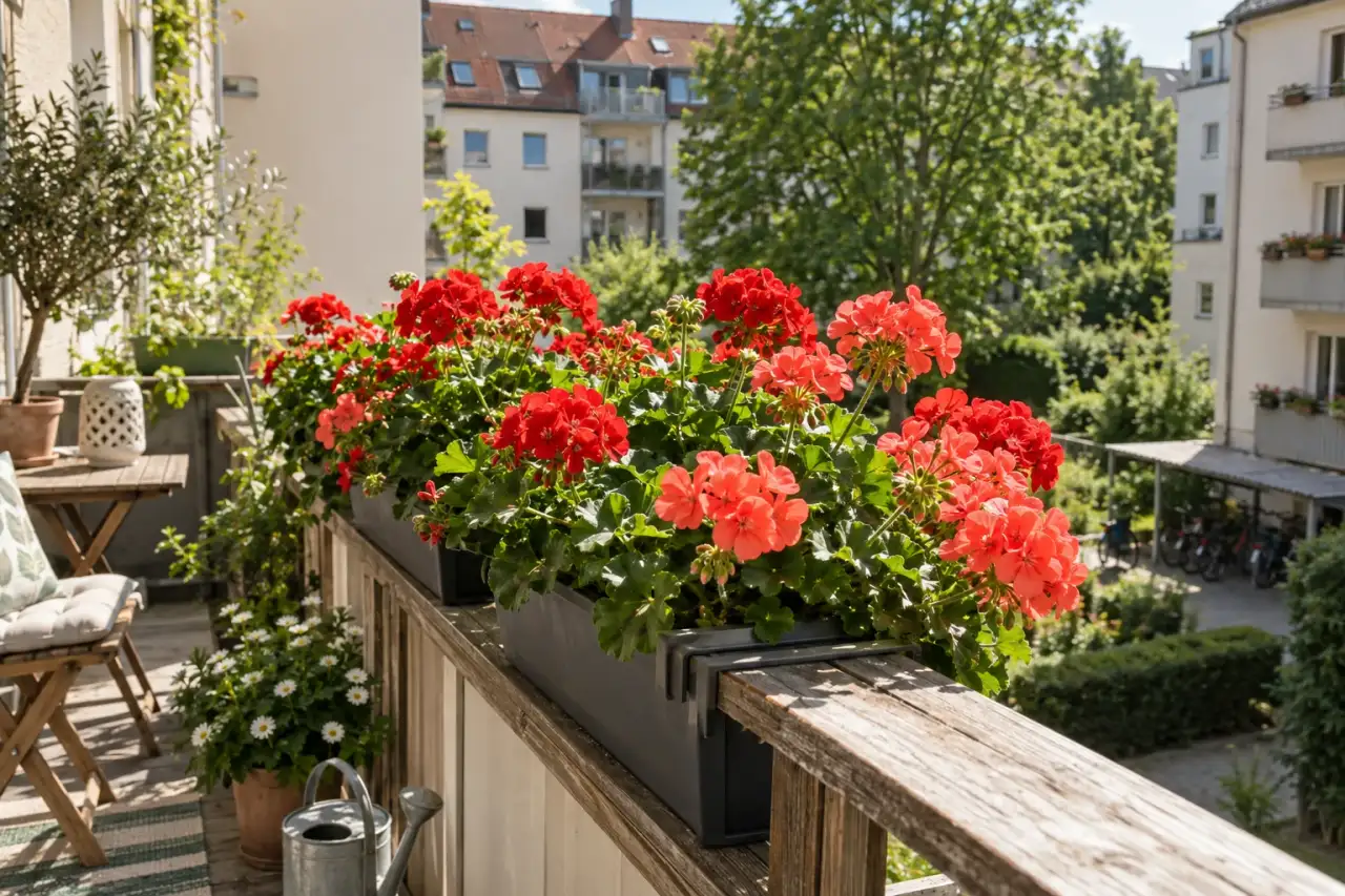 Blühende Geranien als üppiger Sommerakzent im Blumenkasten.