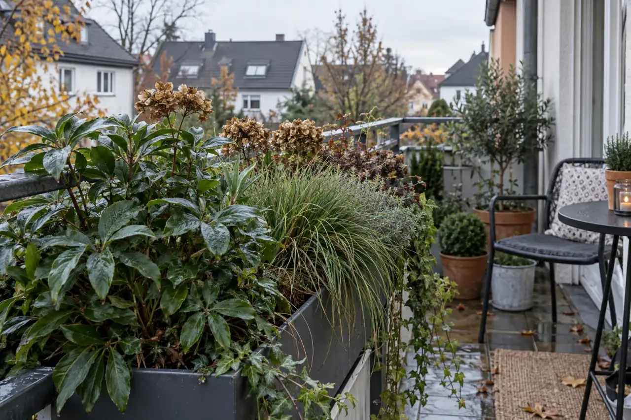 Immergrünes Laub und Samenstände als winterliche Kastenstruktur.