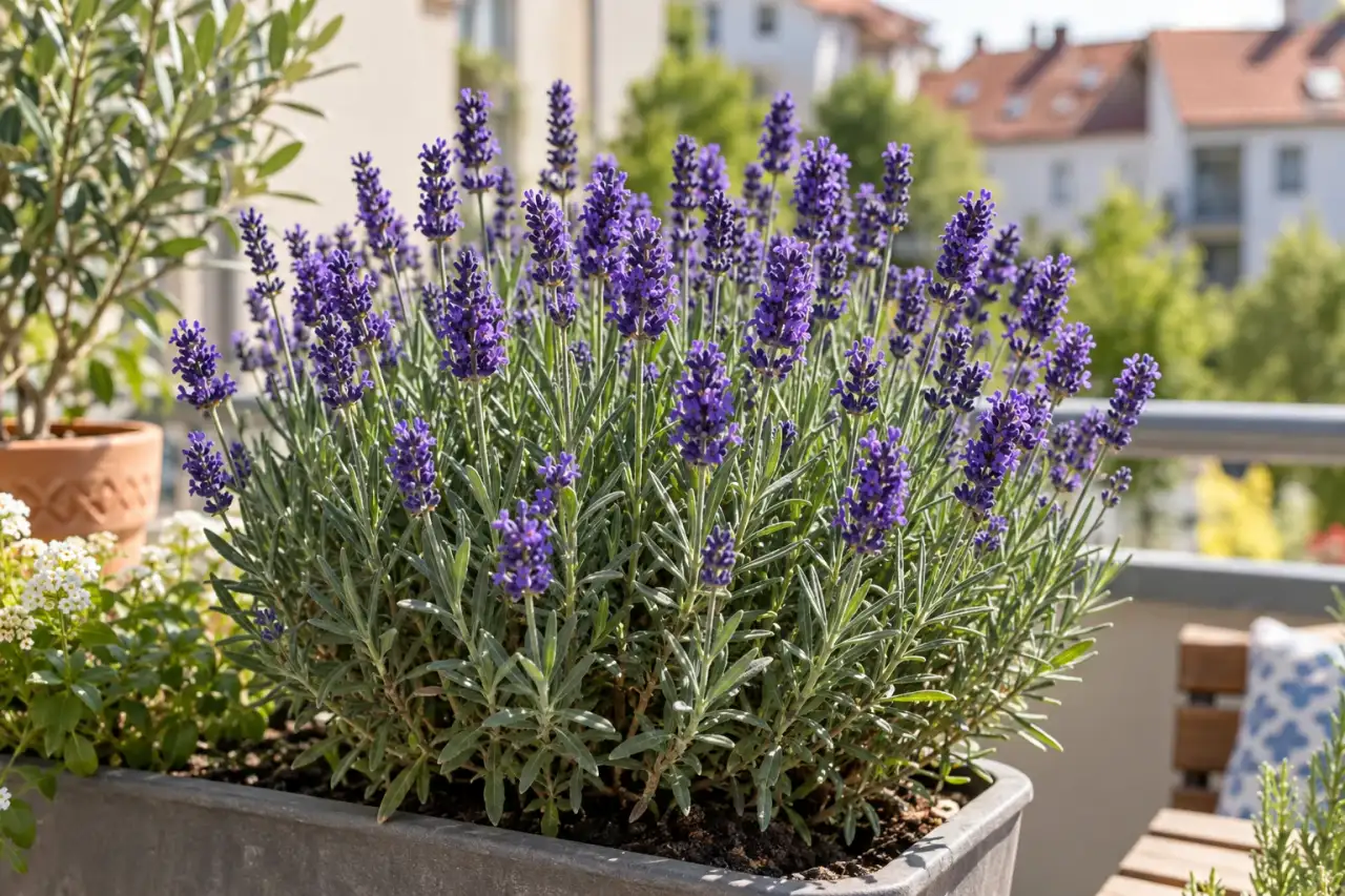 Blühender Lavandula angustifolia ‘Hidcote Blue’ im Balkonkasten.