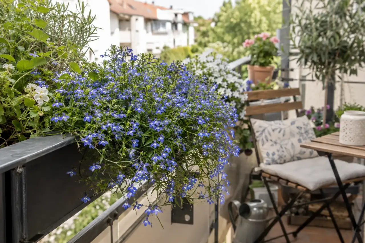 Niedrige blaue Lobelie am vorderen Rand eines Balkonkastens.